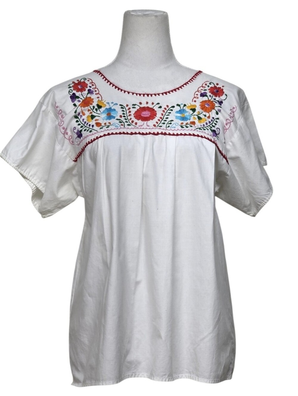 Embroidered White Floral Peasant Top - Women's